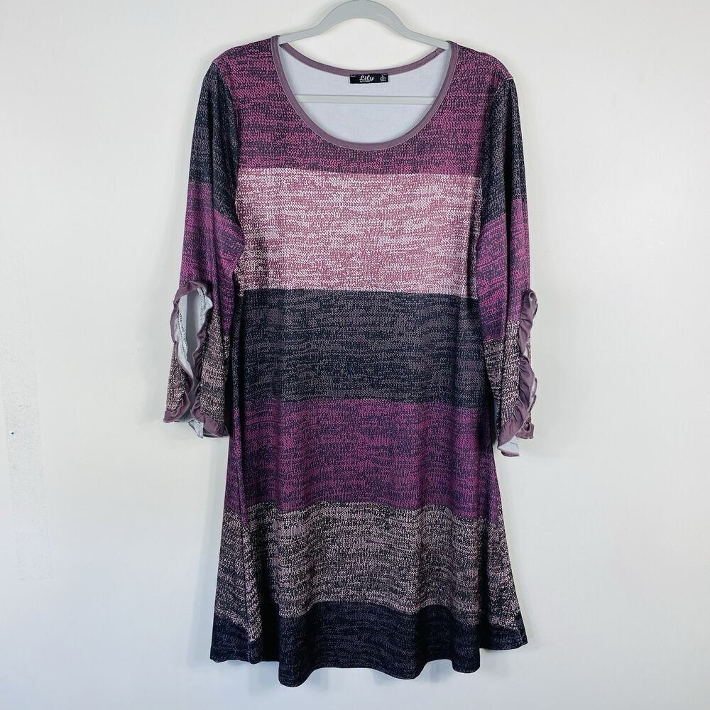 Lily By Firmiana Tunic Dress Large Purple Striped Ruffle Sleeve Boho Casual Mini